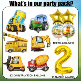Xietaea Digger Birthday Decoration 2 Years - Pack of 11 Construction Site Balloons Tractor Bulldozer Forklift Foil Balloons, Construction Vehicle Car Decoration for Children's Birthday Boy