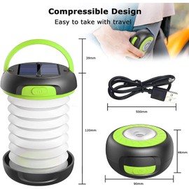 LED Camping Lamp GlobaLink Foldable Solar Camping Lantern Energy Bank with 2 Charging Methods (Solar/USB) and 3 Light Modes for Camping, Fishing, Emergency, Includes Survival Bracelet with Whistle