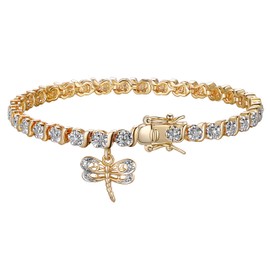 MORGAN & PAIGE Bronze 18k Yellow Gold Plated Diamond Accent Dragonfly Tennis Bracelets for Women Trendy - Charm Womens Bracelets with Diamond Accent S-Link Chain, 7.25 inch
