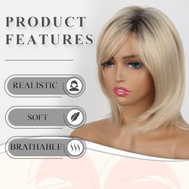 Aisaide Short Straight Blonde Layered Wig with Side Part Bangs for White Women,Synthetic Ombre Blonde Straight Bob Wig Short Layered Cut Fluffy Layered Natural Haircut Medinum Length Wig