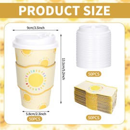 Whaline 50Pcs Colorful Sun Paper Cup With Lid Sleeve 16Oz Yellow Sunshine Disposable Coffee Cup For Birthday Baby Shower Party Supplies