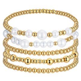 Lusofie 5Pcs Gold Beaded Bracelets for Women, Pearl Bracelet, Stackable Gold Bangles, Trendy Adjustable Gold Stretch Ball Bracelet Set Jewelry
