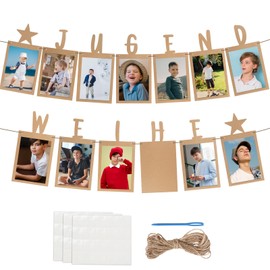 BETESSIN Youth Consecration Decoration Neutral - Original Photo Garland for Youth Consecration - Includes 13 Kraft Paper Cards for Photos from 1 to 13 Years - Hanging Wall Decoration for Boys and