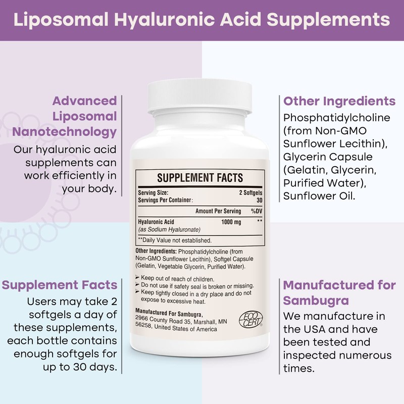 Liposomal Hyaluronic Acid 1000mg, High BioavailabilityHyaluronic Acid Capsules, Dietary Supplement