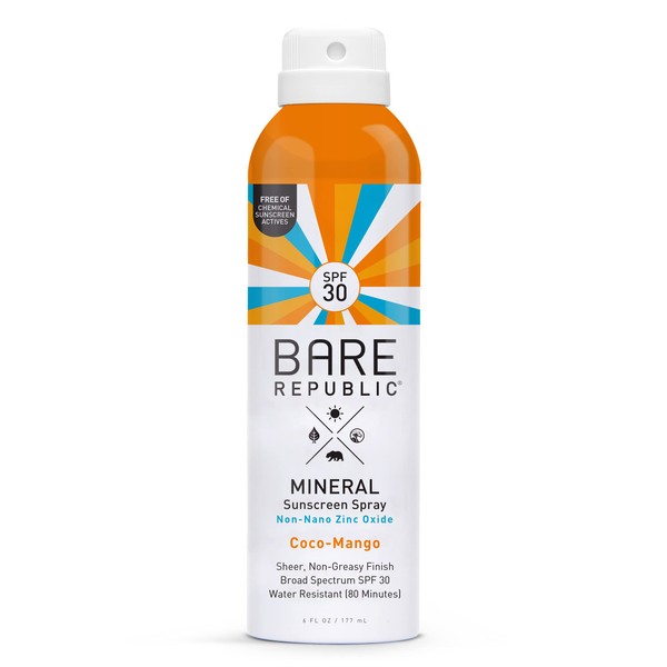 Bare Republic Mineral Sunscreen SPF 30 Sunblock Spray, Sheer and Non-Greasy Finish, Coconut Mango Scent, 6 Fl Oz