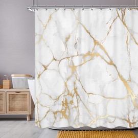Newsely White and Gold Marble Shower Curtain 60Wx72H Inch Abstract Modern Crack Luxury Texture Ink Liquid Geometric Shower Curtain Bathroom Set Unique Waterproof Bath Decoration Accessories Home Decor