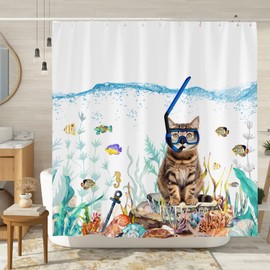 Funny Cat Shower Curtains for Bathroom, Summer Under The Sea Ocean Shower Curtain, Cat Scuba Diving Funny Shower Curtains for Kids, Nautical Octopus Starfish Fabric Bath Decor with Hooks 72X72 inch