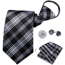 Hi-Tie Zipper Ties for Men Grey Black Plaid Adjustable Pre-Tied Necktie Lapel Pin Pocket Square Cufflinks Set