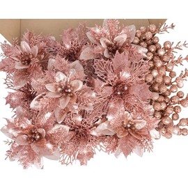 RICHMYC Christmas Flowers Artificial Glitter 24pcs Poinsettia Flowers Berries Christmas Decoration Christmas Tree Ornaments Xmas Wreath Garland Decoration, Rose Gold
