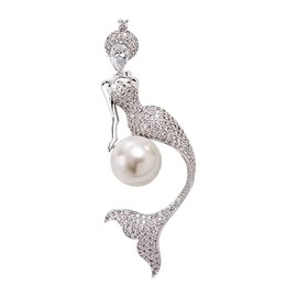 Dainty Mermaid Brooch for Women Girls Faux Pearl Rhinestone Cubic Zirconia Pin Lapel Sweater Dress Scarves Backpacks Brooches Lapel Pins Elegant Jewelry Gifts, Metal, Cubic Zirconia