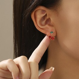 Enautoabs Cute Red Crystal Cherry Fruit Earrings CZ Fruit Basket Earrings Rhinestone Cherry Stud Earring Jewelry for Women