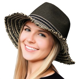 Funky Junque Women's Frayed Edge Straw Panama Sun Hat - Black