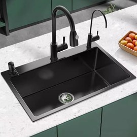 Drop In Black Kitchen Sink Stainless Steel Topmount 3 Hole Deep Single Bowl, Modern Workstation Apartment Sink with Multiple Accessories (21.6x17.7 inch)