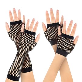 Reccisokz 2 Pairs of Women's Fishnet Gloves, Women's Fingerless Gloves, Funky Vintage Perforated Nylon Elegant Evening Stretchy Evening Opera 20s Gloves 80s Party Costume Accessories, black