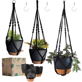 Bouqlife 3 Pack Self Watering Hanging Planters Macrame Plant Hangers with Indoor Flower Pots 10" / 8" / 7", 3 Different Size Hanging Basket, Plant Hanger with Hooks for Garden Home Decor Black Large