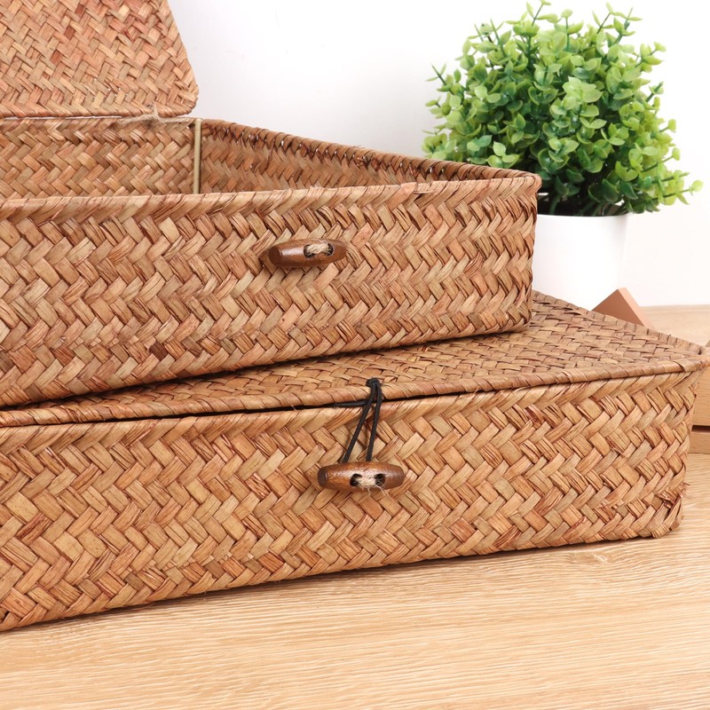 Moosky Flat Wicker Shelf Baskets with Lid, Handwoven Seagrass Basket