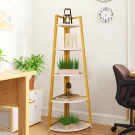 NicBex 5 Tier Tall Corner Shelf Stand Bookcase 70" Tall Corner Ladder Shelf,Open Book Shelf Storage Organizer,Metal Frame,Display Standing Shelf Unit,Gold & White