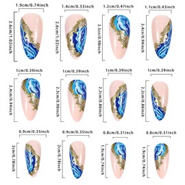 Press on Nails Medium Almond False Nails Blue Marbling Fake Nails Artificial Acrylic Nails Marbling Design French Stick on Nails 24Pcs Full Cover Glossy Reusable Coffin Nails Glue on Nails for Women