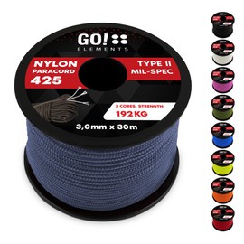 GO!elements 30 m Paracord Rope Made of Tear-Resistant Nylon - 3 mm Paracord 425 Type II Max. 192 kg - Cords as Outdoor Rope, All-Purpose Rope, Survival Rope, Bracelet, Dog Lead, Nylon Cord, Colour: