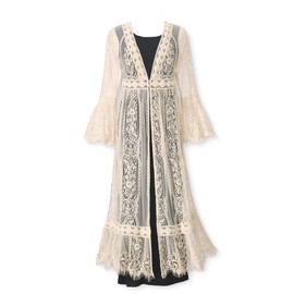 Long Lace Cardigan for Women, Flowy Boho Jacket Cover Up with V-Neckline, Fringed Sheer Beach Dress Kimono