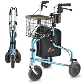 NOVA Traveler Folding 3-Wheel Walker with Tray, Basket, Pouch & Cup Holder, Lightweight Mobility Aid for Seniors & Adults, 8” All-Terrain Wheels for Tight Spaces & Travel, Sky Blue