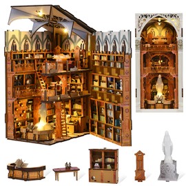 MiniCity Book Nook Kit, DIY Miniature Dollhouse Booknook Kit, 3D Wooden Puzzle Bookend Bookshelf Insert Decor with LED Light for Teens and Adults (Public Library)