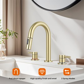 FGKQ Brushed Gold Bathroom Faucet with Pull Down Sprayer 2 Modes, 8 Inch Pull Out Bathroom Faucet, Faucet for Bathroom Sink Faucet, Bathroom Faucet 3 Hole with Pop-Up Drain 2 Handle