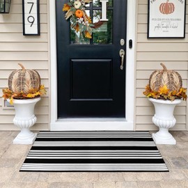 Front Door Rug 2'X4.3', Black/White Door Mats Outdoor Front Porch Rug Striped Entryway Rug Machine Washable Indoor/Outdoor Rugs Cotton Hand Woven Kitchen Rug for Entry/Doorway
