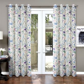 always4u Linen Look Curtains Dragonfly & Floral Print 95 Inches Long Light Filtering Window Drapes for Living Room Farmhouse Curtain Bedroom 2 Panels