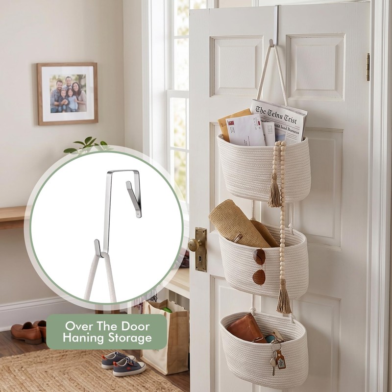 Wall Hanging Rope Baskets 3-Tier Boho Organizers (White & White,