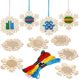10 pcs Christmas Wooden Cross Stitch Kits Cross Stitch Wood Ornaments Christmas Hanging Decors Craft Christmas Decorations for Christmas Tree Decoration Supplies (Snowflake Style)