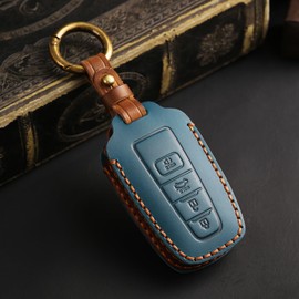 OFFCURVE Leather Key Cover Fits for Toyota Car Key Fob Cover Case Compatible with 2018-2024 Toyota Camry Corolla RAV4 Avalon C-HR Prius GT86 Highlander Smart Key Holder Car Accessories, Blue