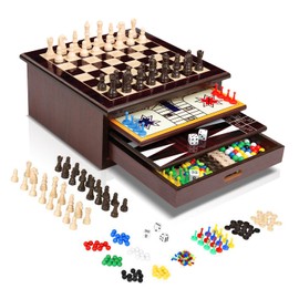 Bundaloo 10-in-1 Classic Wooden Board Game Set – Chess, Checkers, Backgammon, and More – Premium Multi-Game Collection with Built-in Storage (10 in 1)