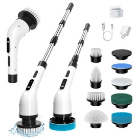 Electric Spin Scrubber for Cleaning, 9 in 1 Changeable Bathroom Scrubber with Power Display, Long Cordless Cleaning Brush, Cordless Shower Cleaner Brush for Bathtub Kitchen Wall Cleaning