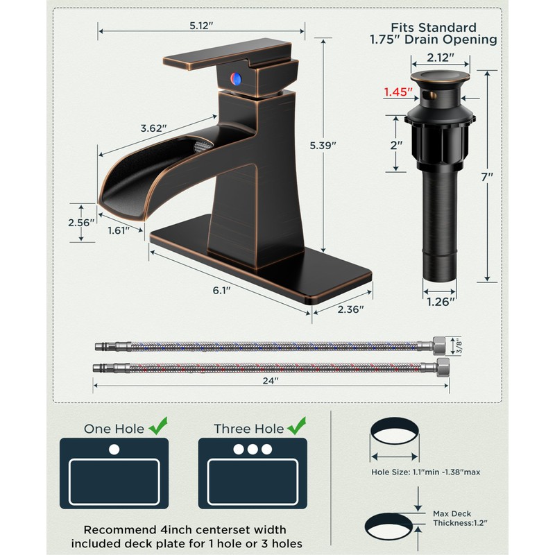 FORIOUS Bathroom Sink Faucet 1 Hole Waterfall One Handle Oil
