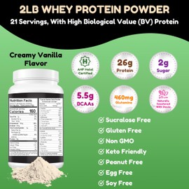 SHIFAA NUTRITION Delicious Creamy Vanilla Halal Whey Protein Powder 2Lbs | 26g Protein, 5500mg BCAAs, and 460mg Glutamine | for Recovery & Lean Muscles | Gluten-Free | Non-GMO | Keto-Friendly