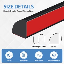 Flexible Quarter Round Molding Peel and Stick Rubber Quarter Round Trim Molding Self Adhesive Wall Corner Trim Molding for Wall Edge Corner Countertop, Black, 1/2” W x 1/2” H x 39” L