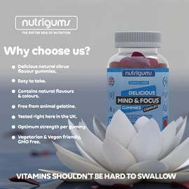 NUTRIGUMS® Mind & Focus Raspberry Flavour 60 Vegan Gummies. Ashwagandha, L-Theanine, D3, B5, B6 & B12. Cognitive Health, Nervous System and Mental Performance. Suitable for Adults & Kids 12+