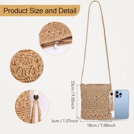 Moorle Straw Bag for Women, Summer Beach Straw Bag, Crossbody Bags with Tassel, Bohemian Shoulder Weave Bags for Summer Holiday Beach Travel (Khaki)
