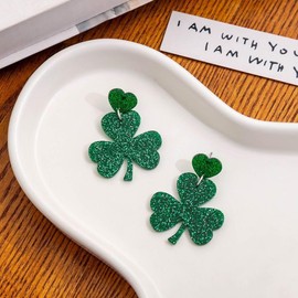 Cute Acrylic St. Patrick's Day Earrings Shamrock Dangle Drop for Women, Green Glitter, 1.77 x 1.33 inches, 0.25 oz, Good Luck Accessories Charms (Green)