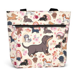 84hoods Large Waterproof Tote Bag with Pockets and Zipper for Work. Shoulder Bag for Women. Gift for Dachshund Lovers Owners. Aesthetic 15 inch Bag. Cute Pattern.