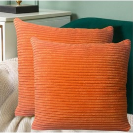 Seechoo Corduroy Cushion Covers, Set of 2, 45 x 45 cm, Striped, with Invisible Zipper, 18 x 18 Inch (Orange)
