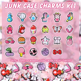 330 Pcs Junk Charms for Cases Pink, 3D Mix Assorted Acrylic Nail Charms, Cute Resin Cartoon Slime Charms, Multi Shapes Cartoon Bow Star Heart Junk Case Kit for DIY Crafts Accessories