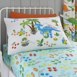 Happy Linen Company Girls Boys Kids Dinky Dinosaurs Blue Double Fitted Sheet Bedding