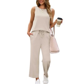 SAMPEEL Summer Outfits for Women 2 Piece Sets Casaul Lounge Sets Beach Vacation Clothes Resort Wear Airport Travel 2025 Wide Leg Crop Pants Sets Beige S
