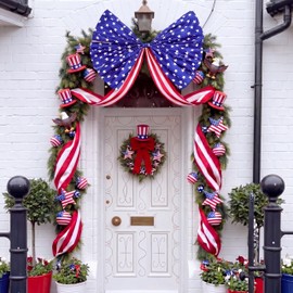 Norme Extra Large Patriotic Outdoor Decor 250th 4th of July Front Door Bow Decorations 27 x 78 Inch Giant Veterans Day Bow for Wreath Red Blue American Flag Stars Decor for Memorial Day Tree Wall