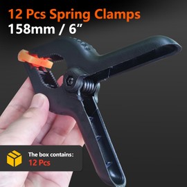 OBA Pack of 12 Clamping Clamps 158 mm, 6 Inch Nylon Spring Clamps with a Span of 65 mm, High Clamping Force Spring Clamps, Glue Clamps for Woodworking, DIY, Photo Background, Photo Studios