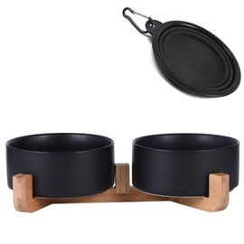 Petygooing Dog Bowls,Black Ceramic Cat Dog Bowl Set with Wood Stand for Food and Water,Non-Slip Cute Modern Pet Dish Set for Cats & Small and Medium Dogs (28OZ/6.1 in)