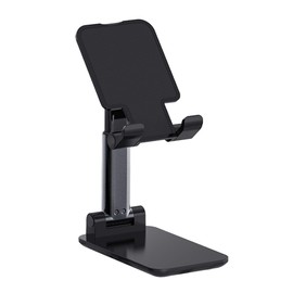 Adjustable Cell Phone Stands for Desk, Aluminum Folding Phone Holder with Stable Base and Charging Port for 4-12.9 Inches Smart Phone, Tablet (Black)