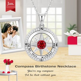 Peeshow Gifts for Women Wife-Compass Garnet Birthstone Necklace Gift for Wife Birthday Wedding Anniversary Women Jewelry for Her Girlfriend S925 Sterling Silver January